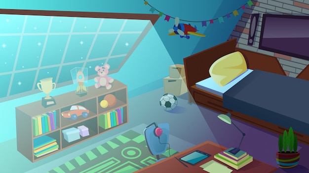 Vector boys bedroom interior at night time. kids room