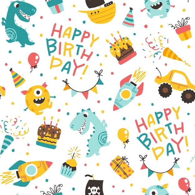 Boys birthday seamless pattern Vector festive cartoon doodle background in childish style