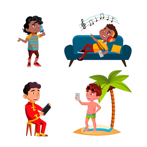 Boys Children Using Smartphone Device Set Vector