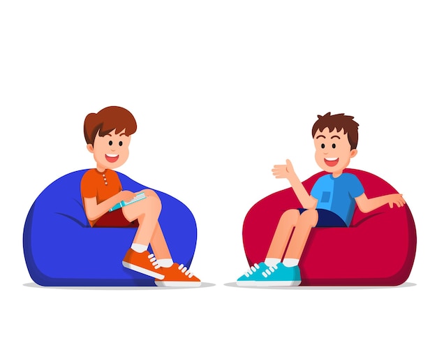 boys discussing together while sitting on beanbags