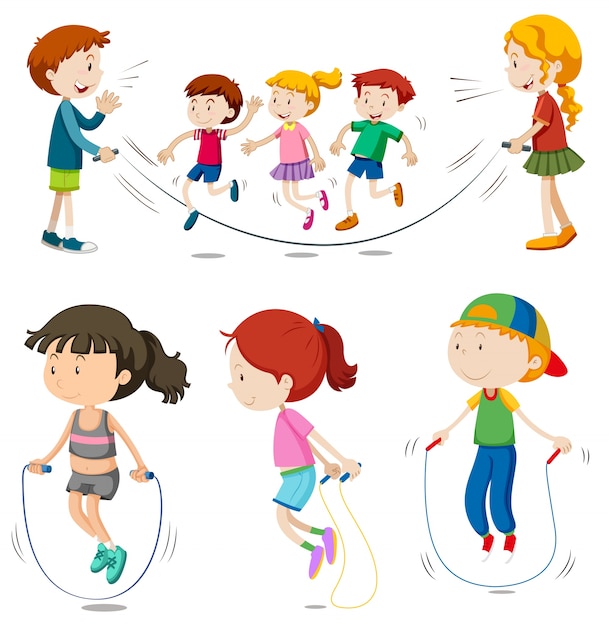 Boys and girls jumping rope 