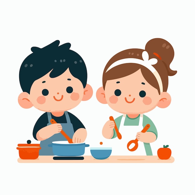 boys and girls playing cooking studying working together