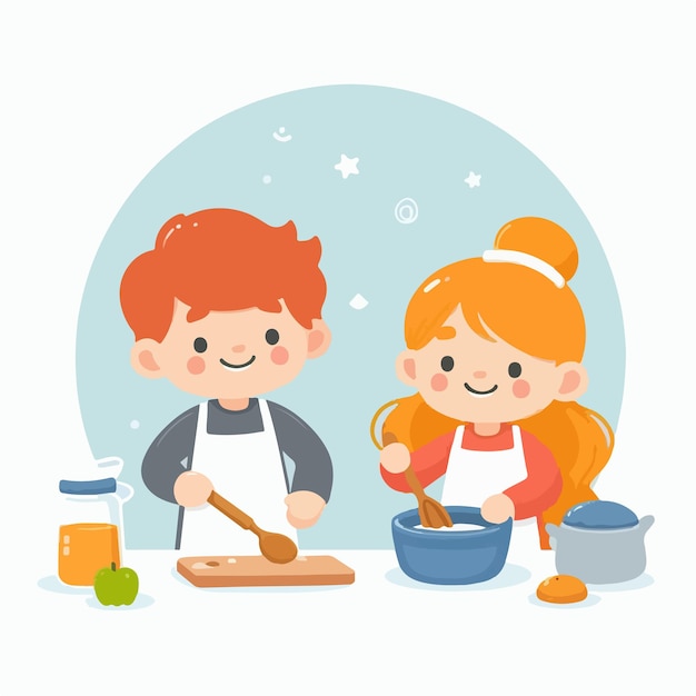 Vector boys and girls playing cooking studying working together