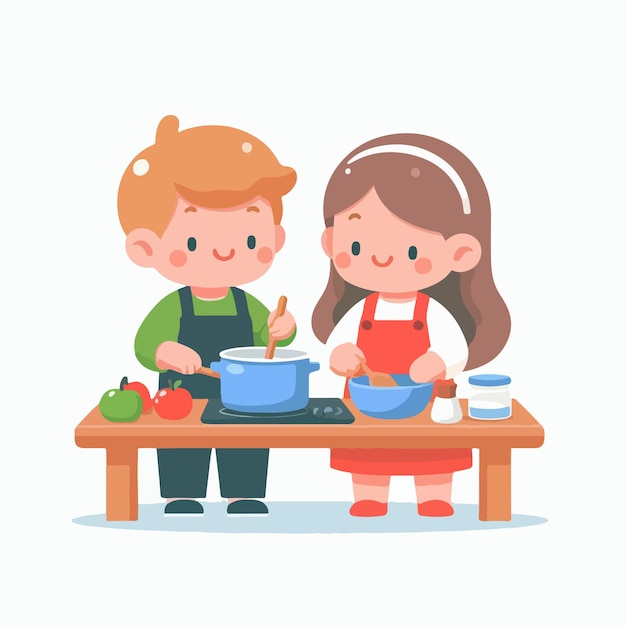 boys and girls playing cooking studying working together