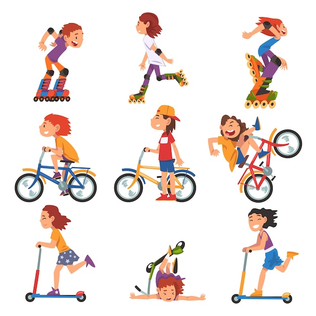 Vector boys and girls riding kick scooter bicycle rollerblades summer outdoor activities cartoon vector illustration