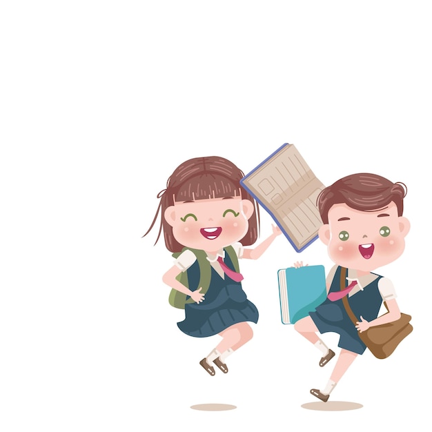 Boys and girls in uniforms holding a book in a backpack jumping