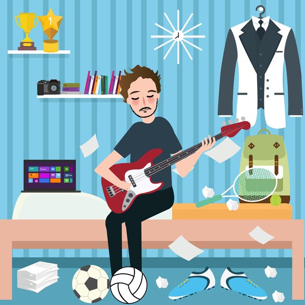 boys man room holding guitar in dorm play music