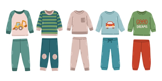 Boys pajamas set. Textile night clothes for kids sleepwear bedtime pajamas vector colored pictures.