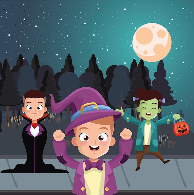 Boys with halloween costumes in front of trees at night design, Holiday and scary theme