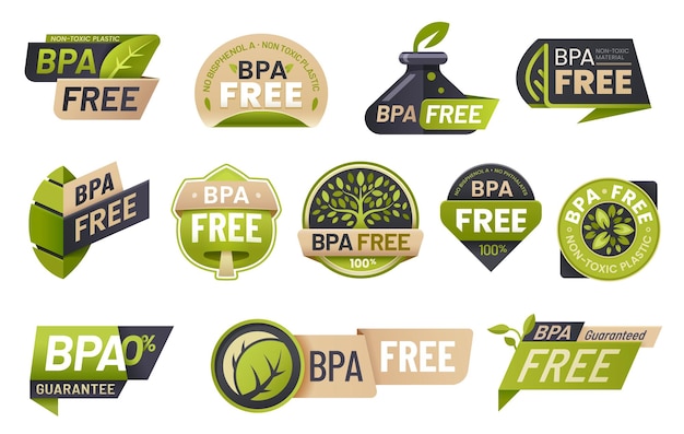 BPA free icons and labels of food plastic without bisphenol Non toxic plastic isolated vector badges with green leaves and trees eco packaging products recyclable bottles and biodegradable bags