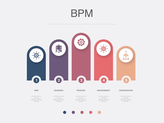 BPM business process management organization icons Infographic design layout template Creative presentation concept with 5 steps