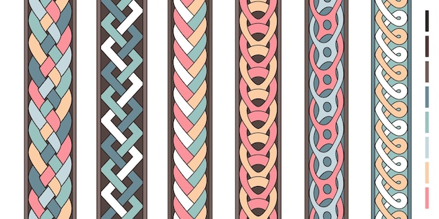 Braid lines. Wicker borders, colored knoted patterns, braided intertwined ropes, vector twist striped ornaments, curly braiding line strings vector set isolated on white background