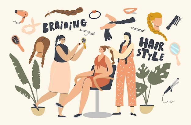 Braiding, Hair Styling Concept. Female Characters Visit Professional Beauty Salon for Making Hairstyle. Young Woman Master Braid on Client Head in Grooming Place. Cartoon People Vector Illustration