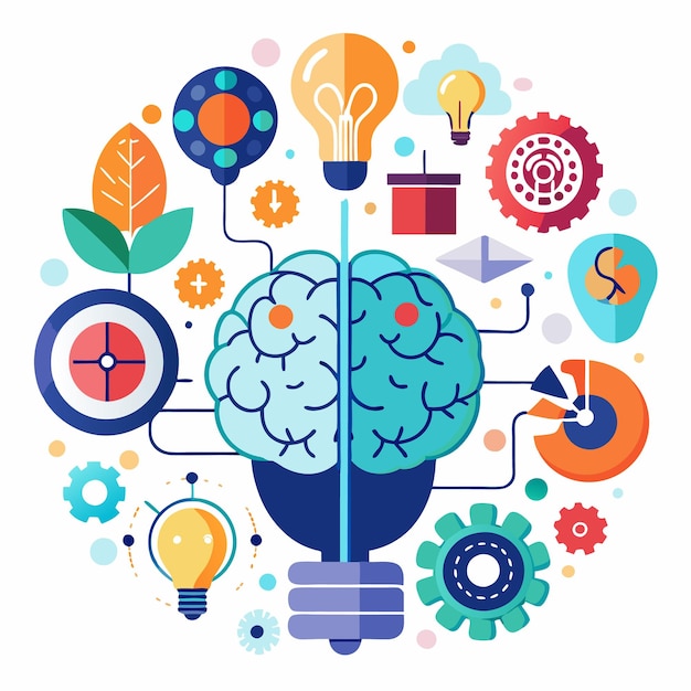 Brain as a lightbulb surrounded by various business icons representing ideas and innovation