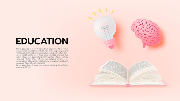 Brain and book with idea concept in paper art style and pastel color scheme