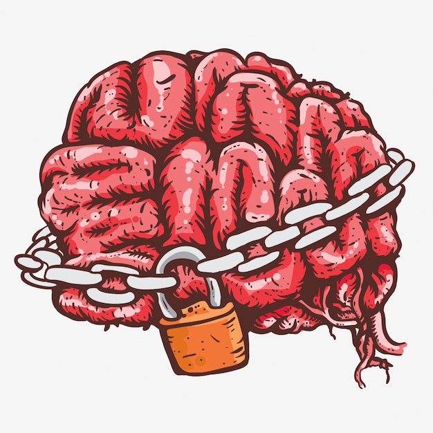 Vector brain in chains locked hand drawing line art