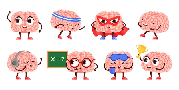 Brain character Happy smart mascot super hero mind and intellectual cartoon vector Illustration set