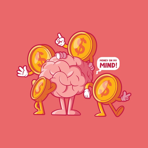 Brain character surrounded by coins vector illustration Finance money learning design concepts