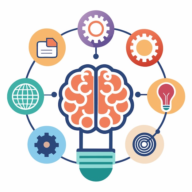 Brain connected to gears document bulb globe and target in circular pattern