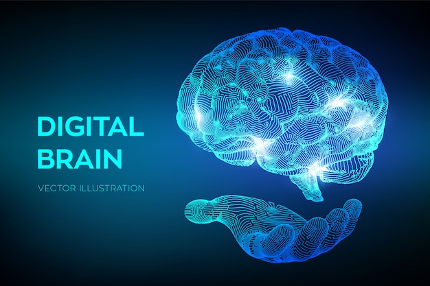 Vector brain. digital brain in hand.