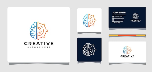 Vector brain and gear wheel logo template with business card design inspiration