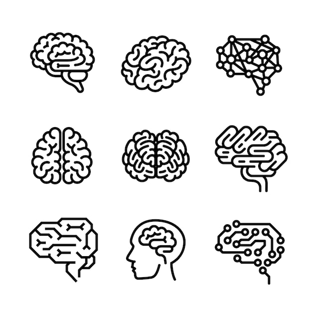 Brain icon set, outline style