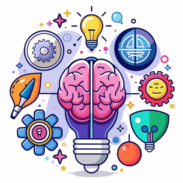 Brain inside a lightbulb with gears stars and other elements