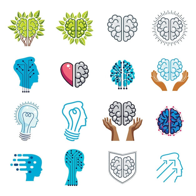 Brain and intelligence vector icons or logos concepts set. Artificial Intelligence, Bright Mind, Brain Training, Feelings soul versus Rational thinking, Creativeness, Brainstorming, Mental Health.