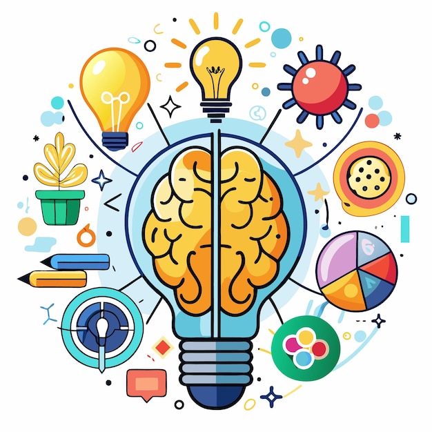 Brain and light bulb with creative elements