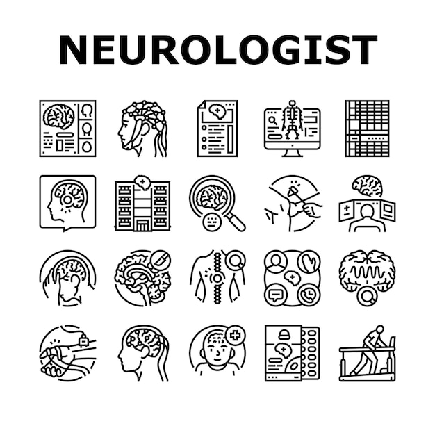 brain neurologist doctor icons set vector health neurology medical hospital technology nerve surgery patient medicine brain neurologist doctor black contour illustrations