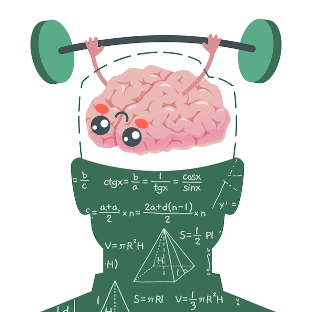 Brain pumping Mind organ mascot lifting dumbbell Human head silhouette and chalkboard with math formulas Studying mathematics and geometry develops mental abilities Vector concept