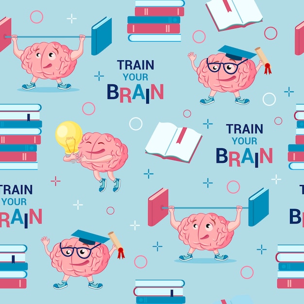 Brain training. Mental abilities. Cute cartoon character brain, stacks of books, inscription - Train your brain on light blue background.Vector seamless pattern, repeating endless texture for printing