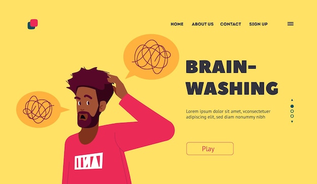 Brain Washing Landing Page Template Puzzled Male Character with Tangled Thoughts in Mind Thinking Scratching Head