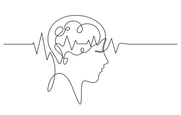 Vector brain waves pulse in human head scan continuous line drawing