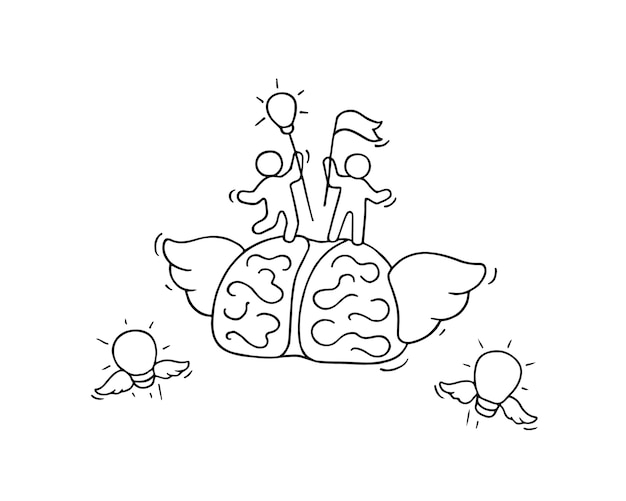 Brain with little workers. Doodle cute miniature about leadership and brainstorming.