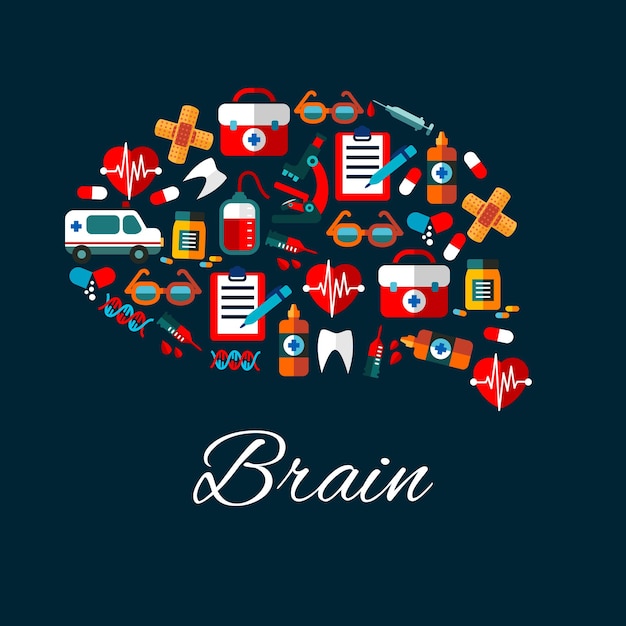 Brain with medical and healthcare flat icons