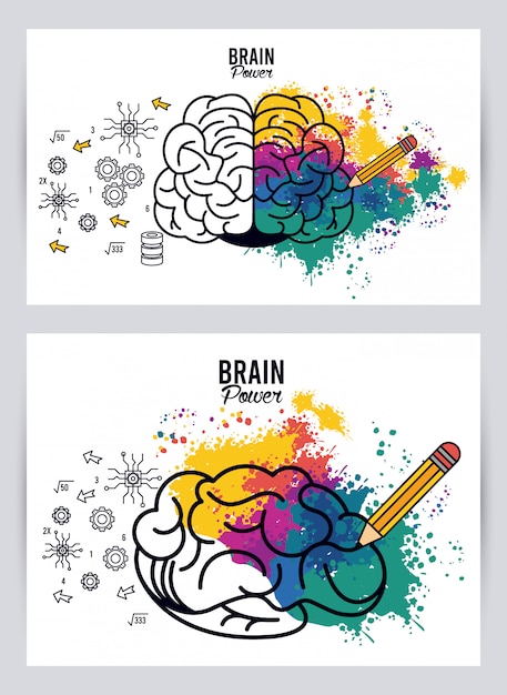 Brains power illustration with colors splash and pencil