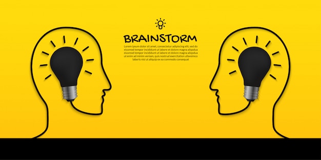 Brainstorm concept with two human heads and light bulb on yellow background