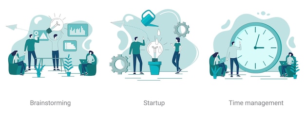 Brainstorming startup and time management A set of vector illustrations on a business theme