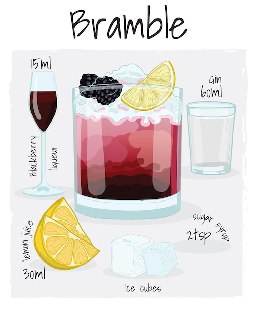 Bramble Cocktail Illustration Recipe Drink with Ingredients