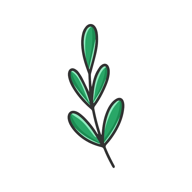 Branch with green rounded leaves clipart cartoon. Natural foliage decoration isolated vector