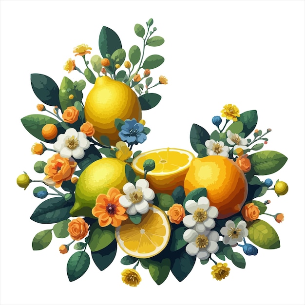 a branch with lemons colors flowers vector illustration