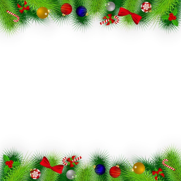 Vector branches of christmas tree decorated with balloons ribbons candy toys and holly christmas card