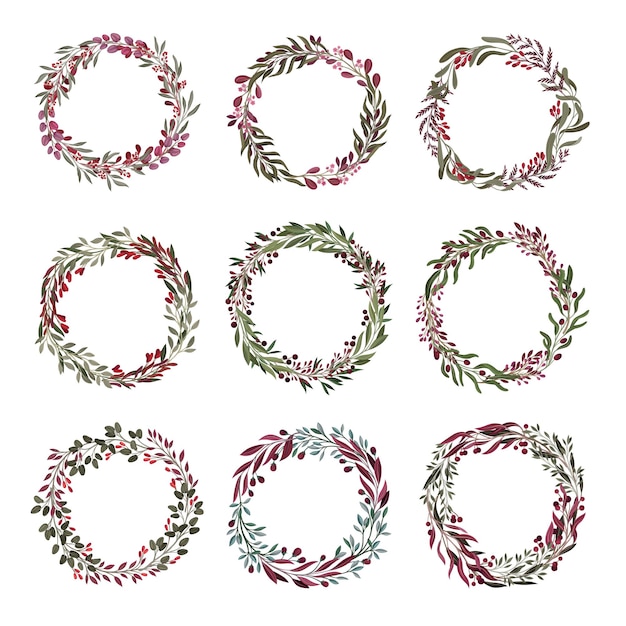 Branches with berries gathered together in a shape of wreath vector set