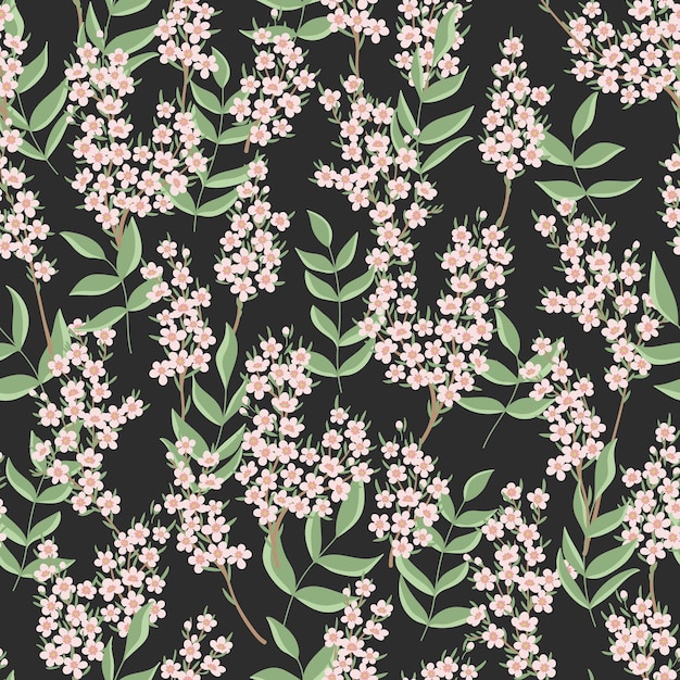 Branches with little flowers on dark background seamless pattern. Floral design for fabric, cover