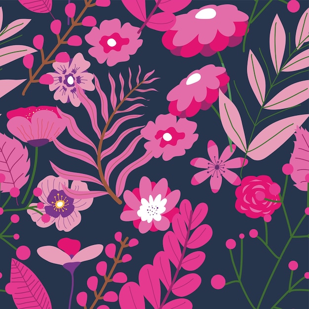 Branches with lush leaves and flourishing flowers. Blooming plant, exotic or tropical botany. Natural romantic floral background or print. Seasonal blossom. Seamless pattern, vector in flat style