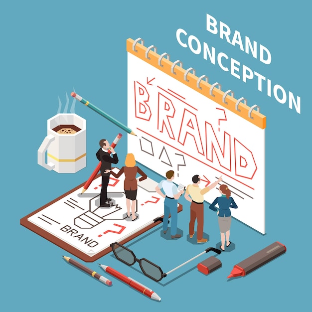 Vector brand building isometric concept with employees drawing on paper