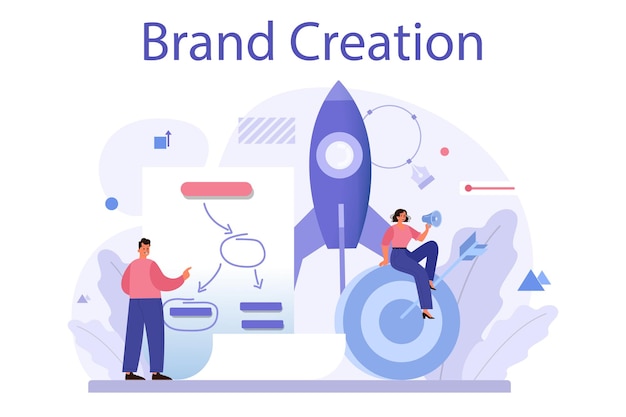 Vector brand creation concept marketing specialist design unique company presentation and creative identity brand recognition as a part of marketing strategy isolated flat illustration