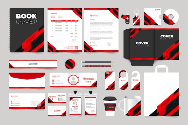 Brand identity design for office stationery with black and red shapes Corporate business identity template bundle with creative branding shapes Business promotional stationery design for branding