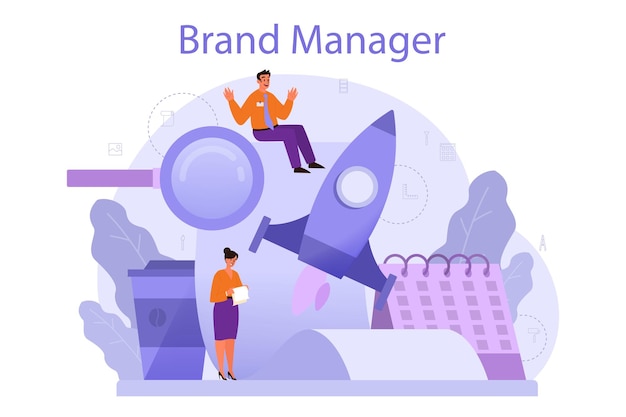 Vector brand manager concept. marketing specialist create unique design of a company. brand recognition as a part of business strategy. isolated flat illustration